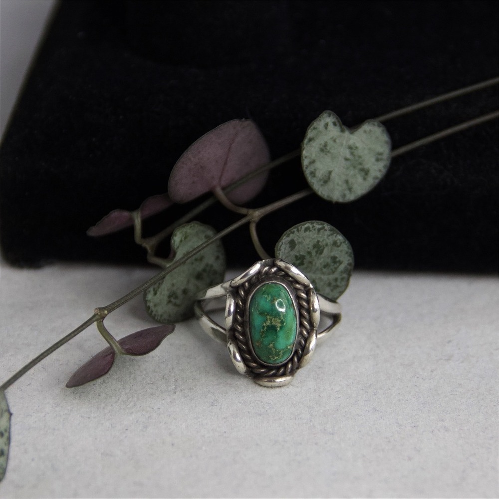 Native American Sterling Silver Green Turquoise Ring Split Shank Size 10 - Picture 3 of 9